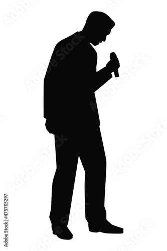 Talk show man with microphone in hand silhouette vector, entertainment or comedy actor on stage.