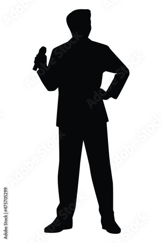 Talk show man with microphone in hand silhouette vector, entertainment or comedy actor on stage.