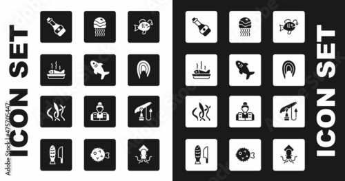 Set Tropical fish, Shark, Served on plate, Soy sauce bottle, Fish steak, Jellyfish, Fishing harpoon and Seaweed icon. Vector
