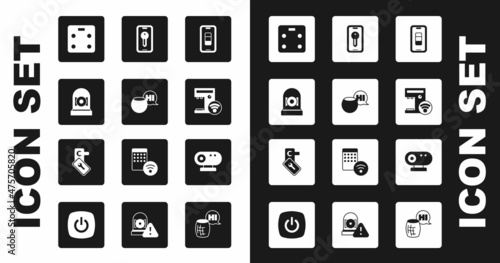 Set Smartphone battery charge, Voice assistant, Ringing alarm bell, bathroom scales, coffee machine, key, Web camera and Digital door lock icon. Vector