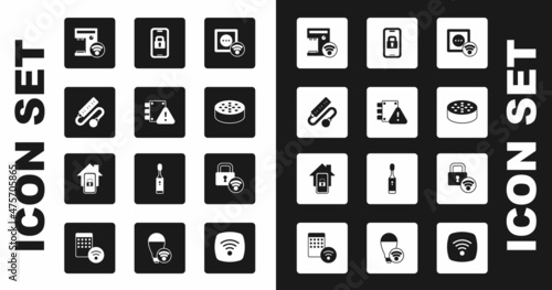 Set Smart electrical outlet, House under protection, Electric extension cord, coffee machine, Water sensor, Digital door lock, and Mobile with smart home icon. Vector