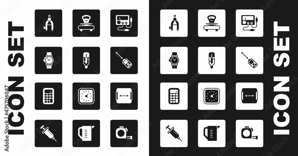 Set Multimeter, voltmeter, Medical thermometer, Wrist watch, Drawing compass, Laser distance measurer, Scales, Area measurement and Calculator icon. Vector Set Multimeter, voltmeter, Medical thermometer, Wrist watch, Drawing compass, Laser distance measurer, Scales, Area measurement and Calculator icon. Vector