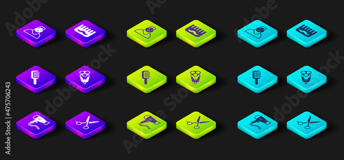 Set Hair dryer, Scissors hairdresser, Hairbrush, Electric razor blade, and Client in barbershop icon. Vector