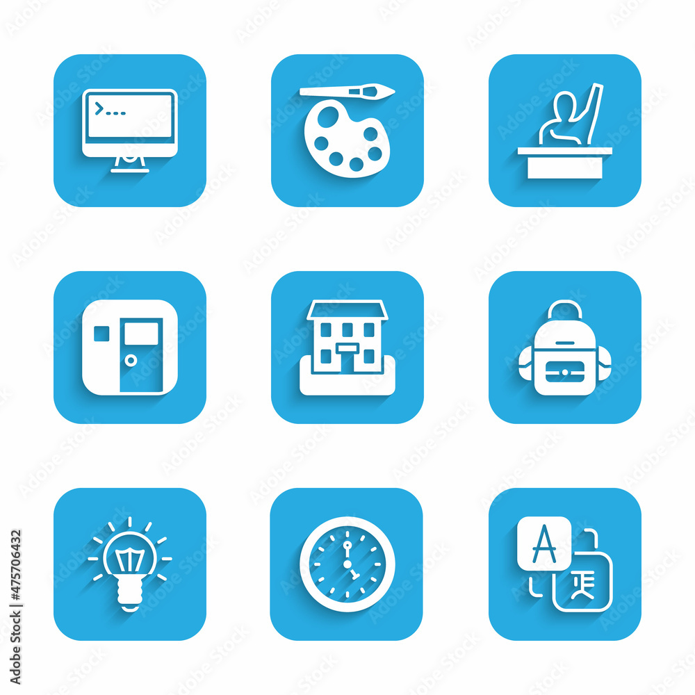 Set School building, Clock, Translator, backpack, Light bulb, classroom, Male kid raising hand and Computer monitor icon. Vector Set School building, Clock, Translator, backpack, Light bulb, classroom, Male kid raising hand and Computer monitor icon. Vector