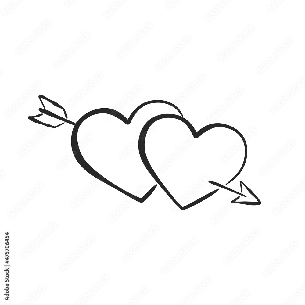 hand drawn two hearts with arrow. romantic and love symbol. vector element for valentine's day design