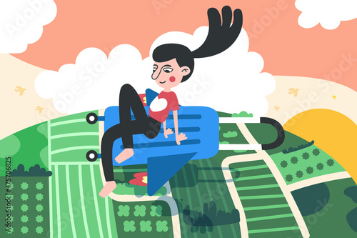 Vector illustration in cartoon style. The girl went on a journey in her suitcase.