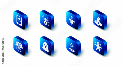 Set Spider, Scarecrow, Witch hat, Voodoo doll, Burning candle, Ghost, Chocolate bar and Guillotine icon. Vector