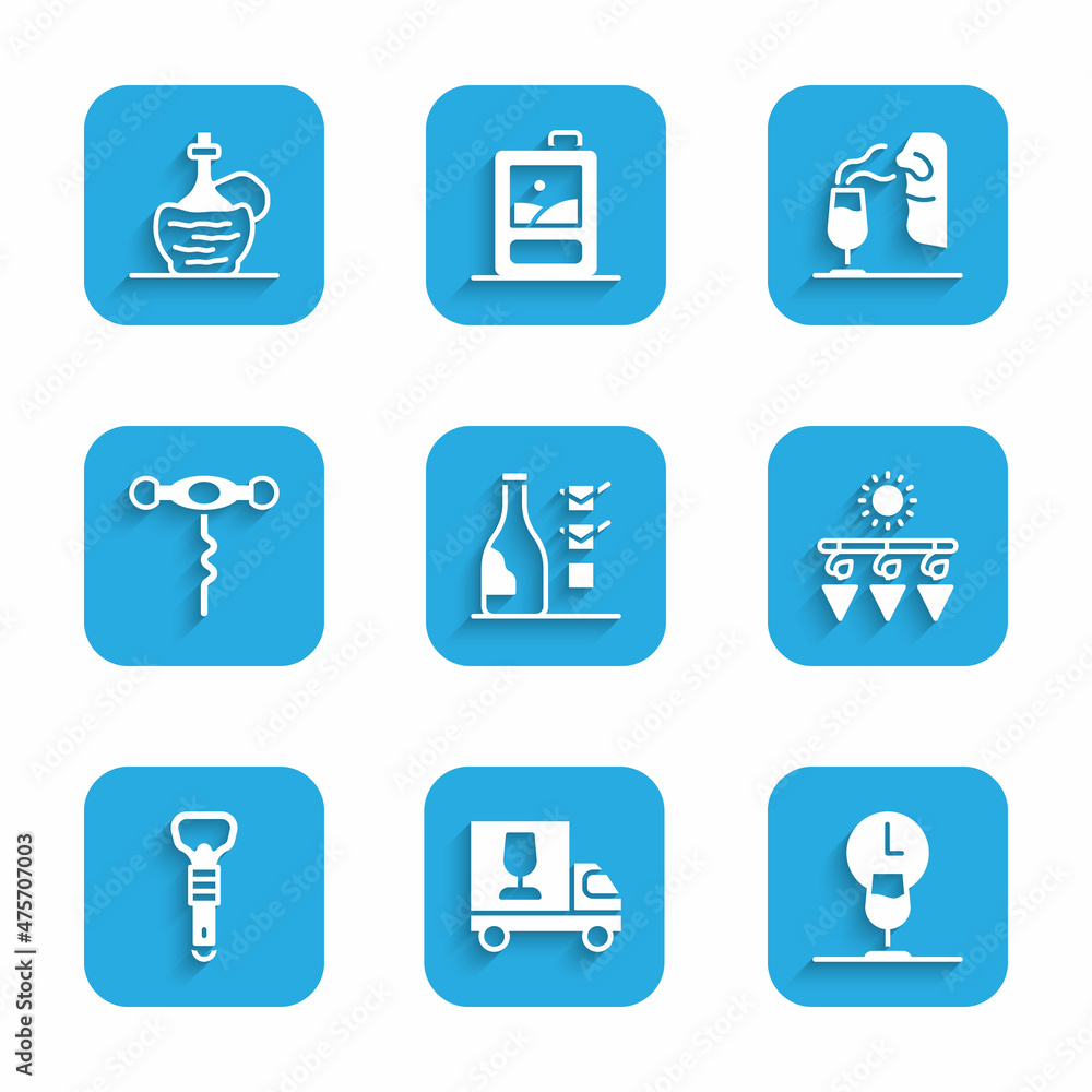 Set Bottle of wine, Wine truck, time, Drying grapes, opener, corkscrew, Sommelier and italian fiasco bottle icon. Vector Set Bottle of wine, Wine truck, time, Drying grapes, opener, corkscrew, Sommelier and italian fiasco bottle icon. Vector