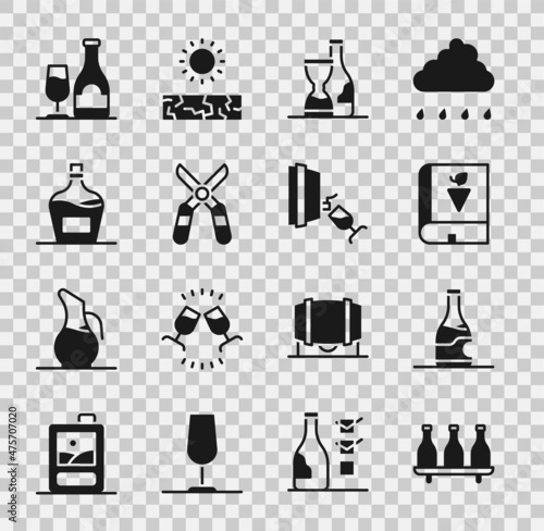 Set Bottle of wine, Book about grapes, Gardening scissors, Old bottle, Wine with glass and tasting, degustation icon. Vector
