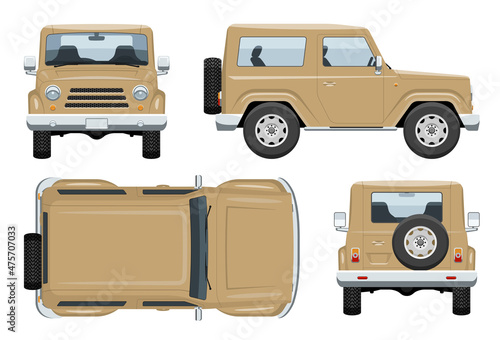 SUV car vector template with simple colors without gradients and effects. View from side, front, back, and top photo