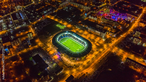 Photography Football. Stadium. Tribunes. Aerial photography 4K.