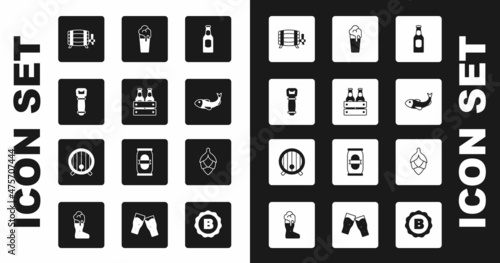 Set Beer bottle, Pack of beer bottles, Bottle opener, Wooden barrel, Dried fish, Glass, Hop and icon. Vector