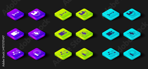 Set Sponge, Washing dishes, Trash can, Bar of soap, Dishwashing liquid bottle and Vacuum cleaner icon. Vector