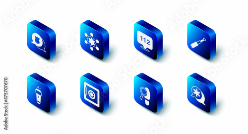 Set Hexagram sheriff, Telephone call 112, Telescopic baton, Footsteps, Safe, Flashlight and Police badge icon. Vector