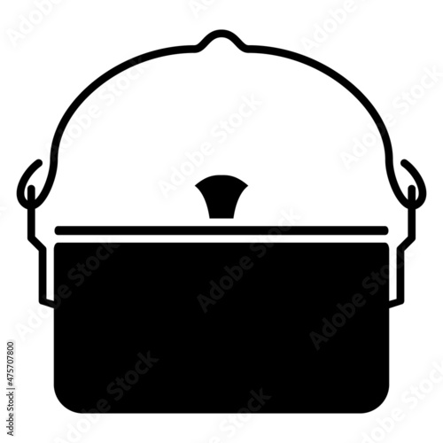 A roomy pot with a lid and a shackle for hanging. Dishes for eating outside, camping, hiking, traveling. Vector icon, glyph, isolated