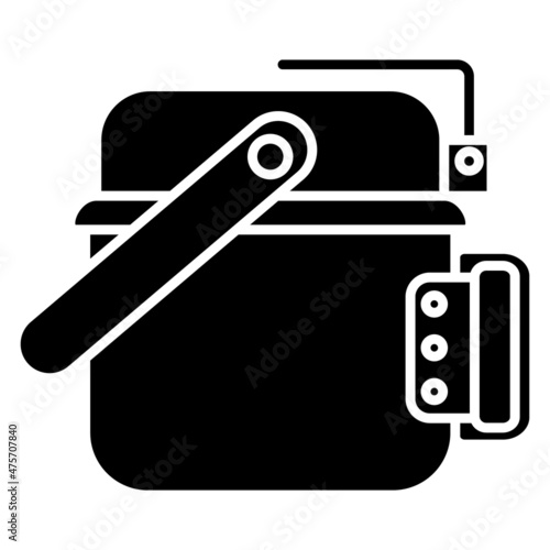 Pot with lid, carrying handle and side handle for convenient use. Sealed dishes for eating outside. Vector icon, glyph, isolated