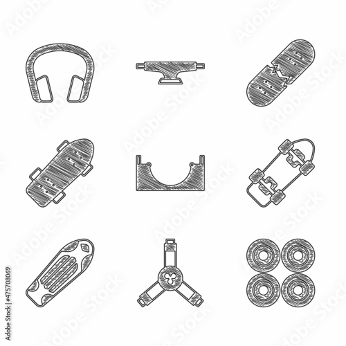 Set Skate park, Skateboard Y-tool, wheel, deck, Broken skateboard and Headphones icon. Vector