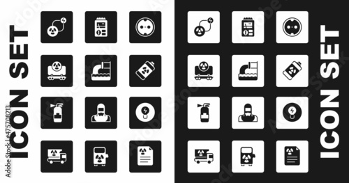 Set Electrical outlet, Wastewater, Radioactive cargo train, exchange energy, Nuclear battery, Dosimeter, Light bulb with concept of idea and Fire extinguisher icon. Vector
