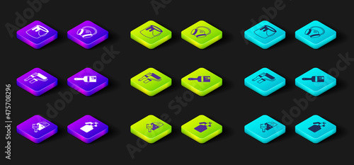 Set Car painting, Paint spray gun, roller brush, Gas mask and bucket icon. Vector