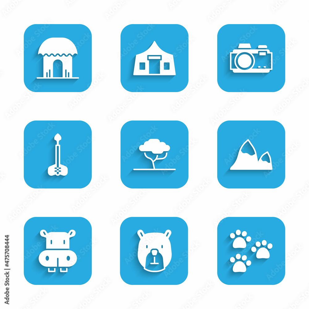 Set African tree, Bear head, Paw print, Mountains, Hippo or Hippopotamus, Arrow, Photo camera and hut icon. Vector