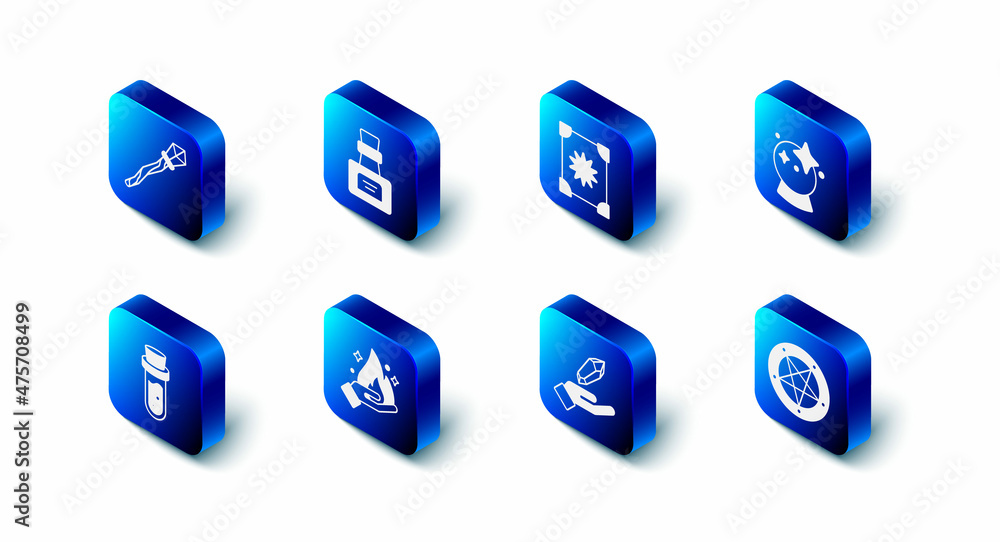 Set Bottle with potion, Ancient magic book, Magic ball, Pentagram in circle, stone, Hand holding fire, and staff icon. Vector Set Bottle with potion, Ancient magic book, Magic ball, Pentagram in circle, stone, Hand holding fire, and staff icon. Vector