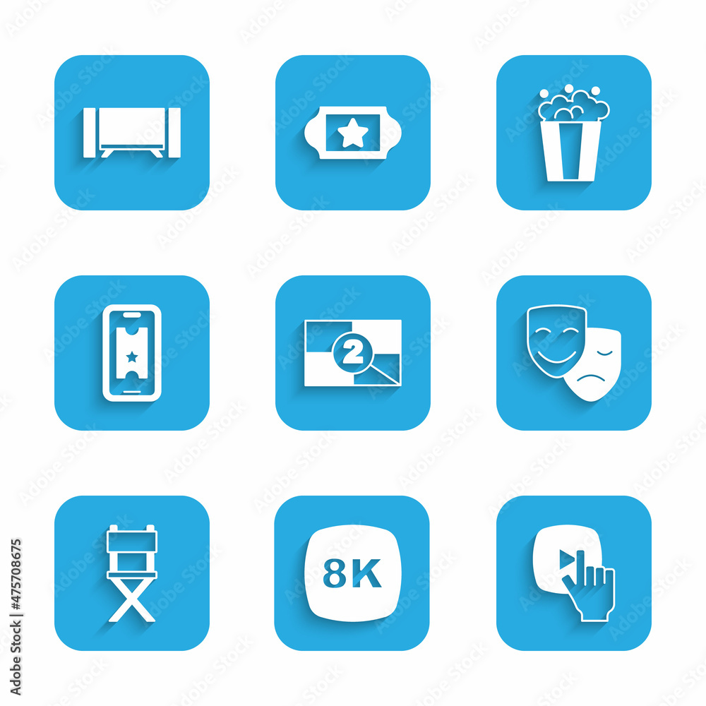Set Old film movie countdown frame, 8k Ultra HD, Online play video, Comedy and tragedy masks, Director chair, Buy cinema ticket online, Popcorn cardboard box and Smart Tv icon. Vector Set Old film movie countdown frame, 8k Ultra HD, Online play video, Comedy and tragedy masks, Director chair, Buy cinema ticket online, Popcorn cardboard box and Smart Tv icon. Vector