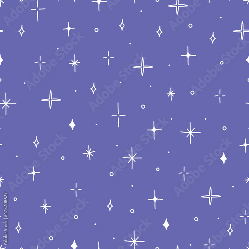 Vector seamless pattern with doodle hand drawn stars on very peri color background