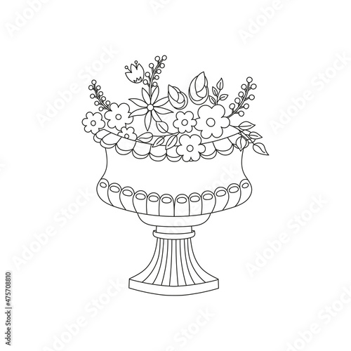 vector doodle drawing of an antique marble vase with flowers, contour drawing isolated