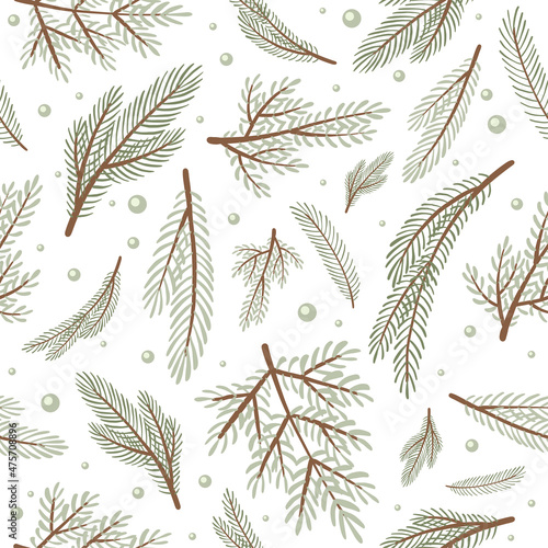 Winter vector seamless pattern of green branches of a Christmas tree for the production of wallpaper  fabric  wrapping paper  postcards