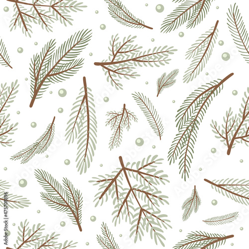 Winter vector seamless pattern of green branches of a Christmas tree for the production of wallpaper, fabric, wrapping paper, postcards