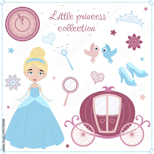Princess Cinderella set, children's illustration, vector. Accessories for Cinderella.