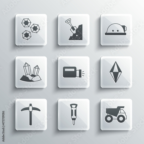 Set Construction jackhammer, Mining dump truck, Gem stone, Flashlight, Pickaxe, and Miner helmet icon. Vector