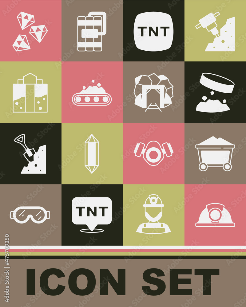 Set Miner helmet, coal trolley, Giant magnet holding iron dust, Dynamite, Conveyor belt carrying, entrance, Gem stone and icon. Vector Set Miner helmet, coal trolley, Giant magnet holding iron dust, Dynamite, Conveyor belt carrying, entrance, Gem stone and icon. Vector