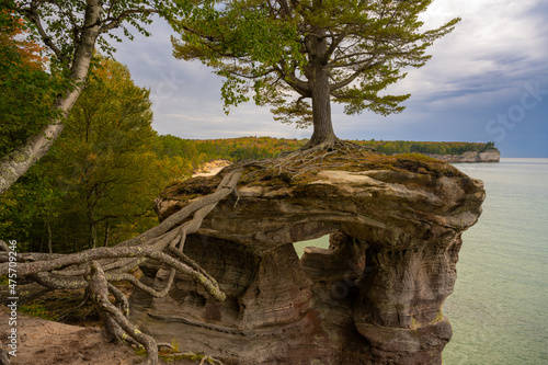 Autumn colors at Chapel Rock, on the Chapel Basin Loop, at Lake Superior, Pictured Rocks National Lakeshore, Michigan.