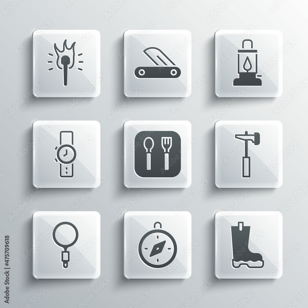 Set Compass, Waterproof rubber boot, Hammer, Fork and spoon, Magnifying glass, Wrist watch, Torch flame and Camping lantern icon. Vector