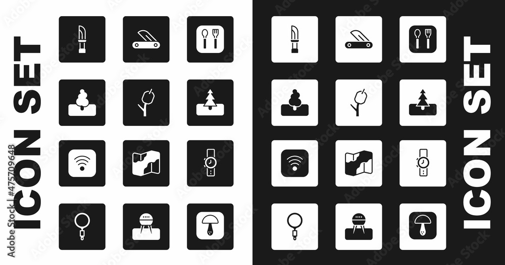 Set Fork and spoon, Marshmallow stick, Tree, Knife, Swiss army knife, Wrist watch and Wi-Fi wireless internet icon. Vector Set Fork and spoon, Marshmallow stick, Tree, Knife, Swiss army knife, Wrist watch and Wi-Fi wireless internet icon. Vector