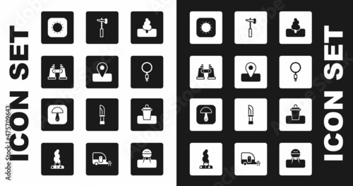 Set Tree, Location for camping, Binoculars, Sun, Magnifying glass, Hammer, Trash can and Mushroom icon. Vector