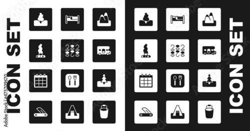 Set Mountains, Grilled shish kebab on skewer, Campfire, Tree, RV motorhome vehicle, Bed, and Calendar icon. Vector
