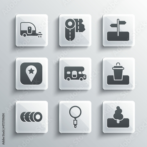 Set Magnifying glass, Tree, Trash can, RV motorhome vehicle, Blanket roll, Location for camping, Rv Camping trailer and Road traffic sign icon. Vector