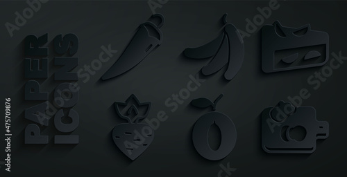 Set Plum fruit, Homemade pie, Turnip, Cutting board with vegetables, Banana and Hot chili pepper icon. Vector