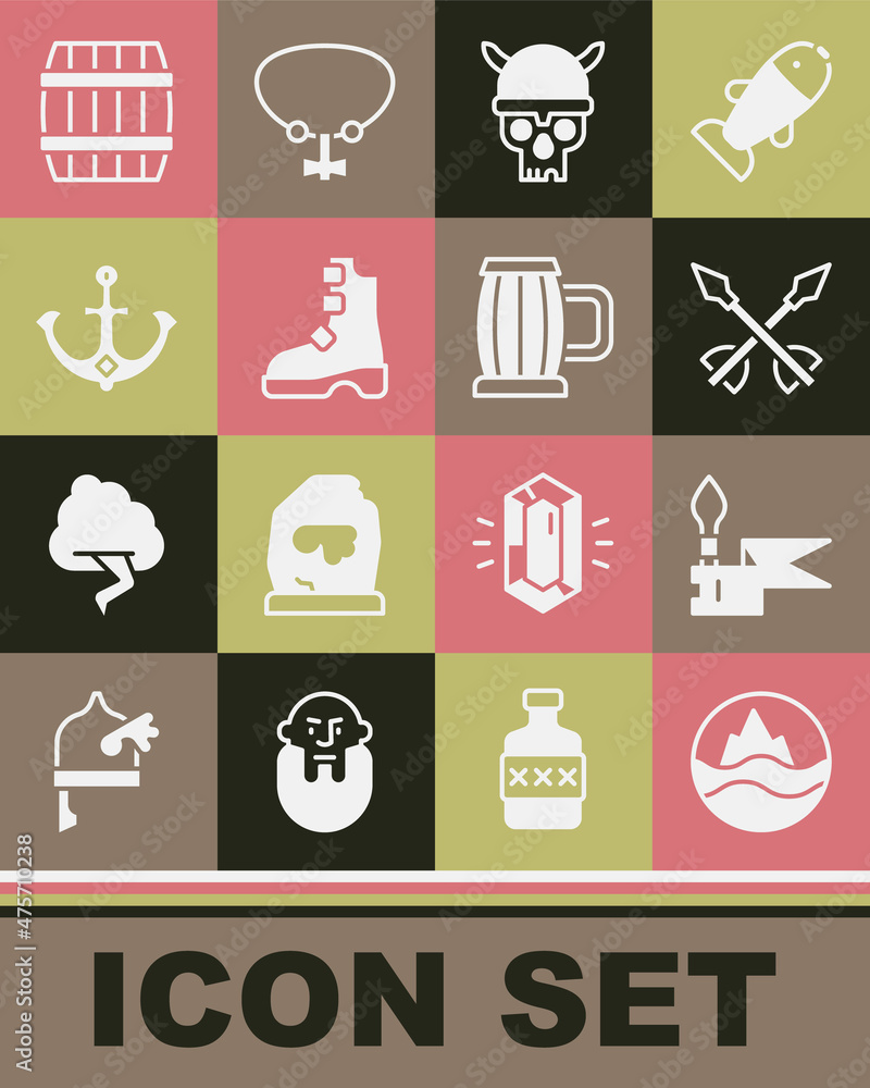 Set Sea and waves, Medieval spear, arrows, Skull with viking helmet, Ancient boots, Anchor, Wooden barrel and beer mug icon. Vector Set Sea and waves, Medieval spear, arrows, Skull with viking helmet, Ancient boots, Anchor, Wooden barrel and beer mug icon. Vector