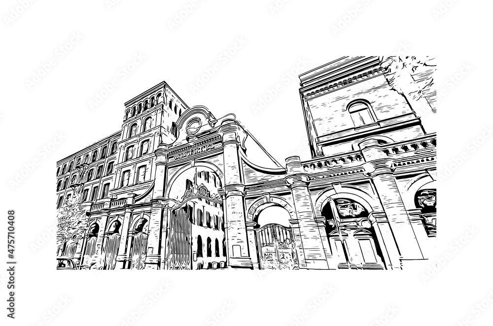 Building view with landmark of Lodz is the 
city in Poland. Hand drawn sketch illustration in vector. - obrazy, fototapety, plakaty 