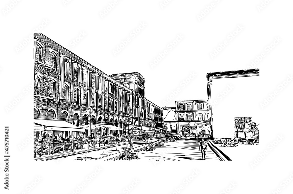 Building view with landmark of Lodz is the 
city in Poland. Hand drawn sketch illustration in vector. - obrazy, fototapety, plakaty 