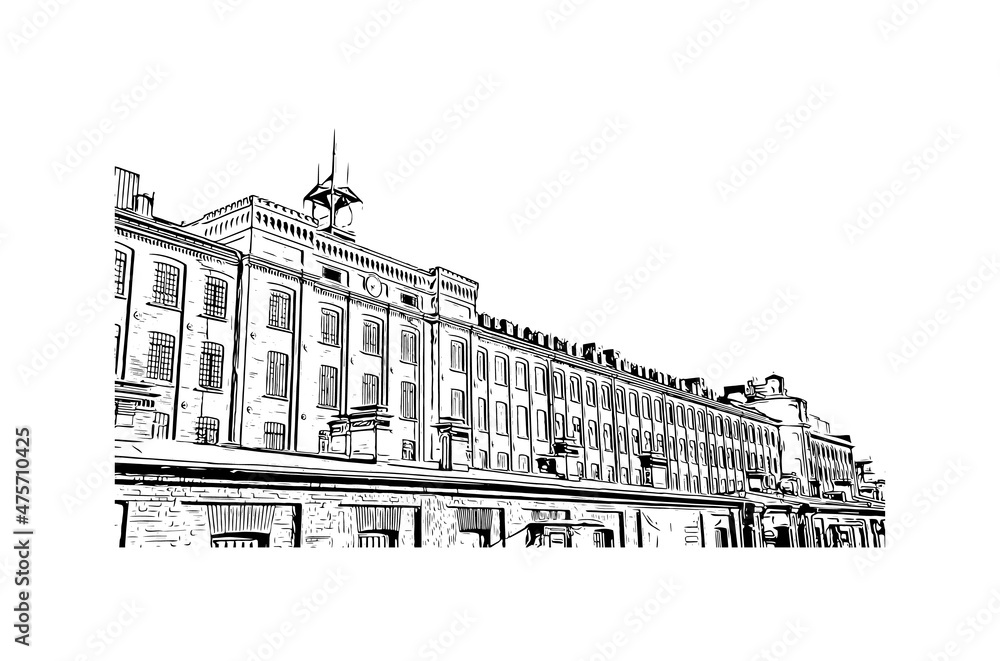 Building view with landmark of Lodz is the 
city in Poland. Hand drawn sketch illustration in vector.