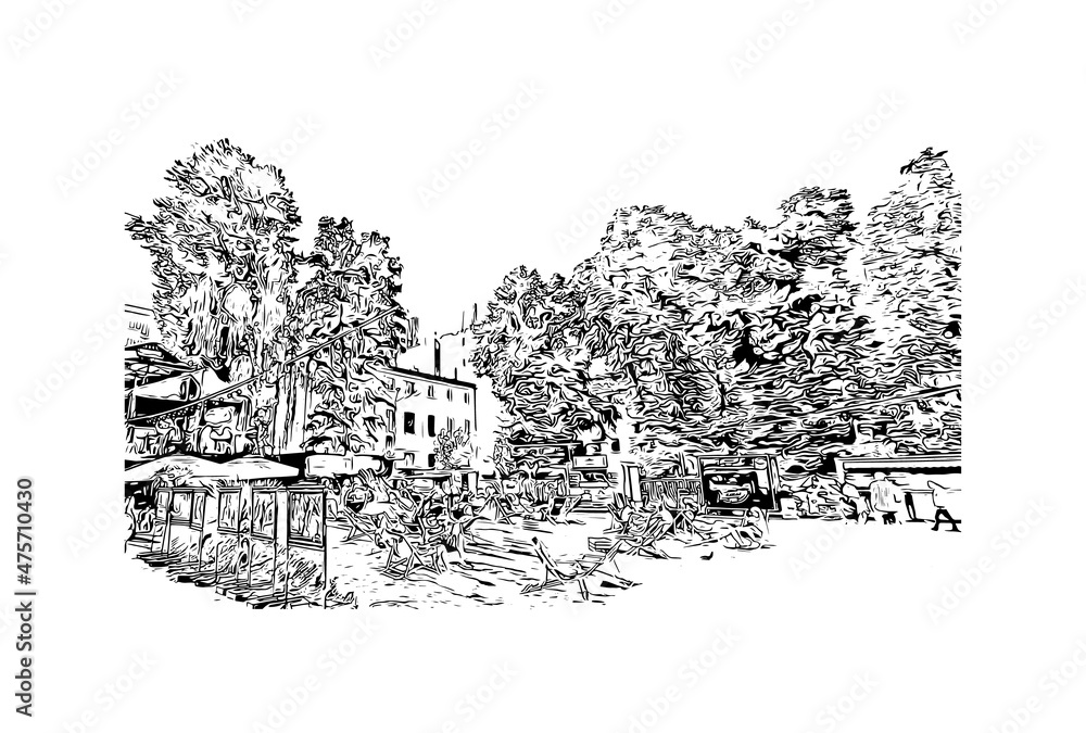 Building view with landmark of Lodz is the
city in Poland. Hand drawn sketch illustration in vector.