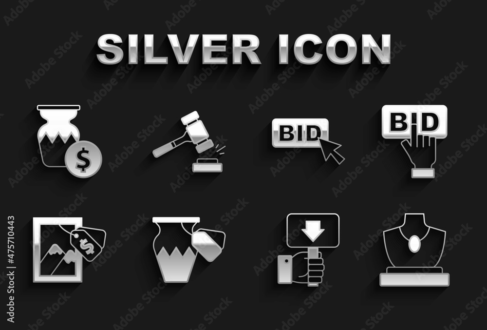 Set Auction ancient vase, Bid, jewelry sale, Hand holding auction paddle, painting, and hammer icon. Vector Set Auction ancient vase, Bid, jewelry sale, Hand holding auction paddle, painting, and hammer icon. Vector