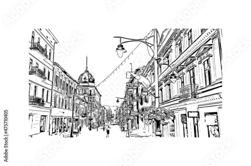 Building view with landmark of Lodz is the city in Poland. Hand drawn sketch illustration in vector.