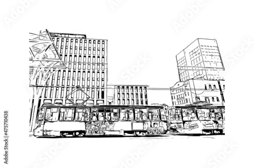 Building view with landmark of Lodz is the city in Poland. Hand drawn sketch illustration in vector.