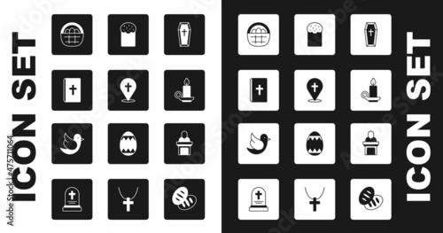 Set Coffin, Location church building, Holy bible book, Basket with easter eggs, Burning candle candlestick, Easter cake, Church pastor preaching and Dove icon. Vector