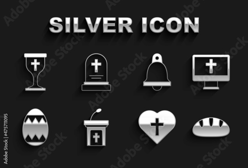 Set Church sermon tribune, Christian cross monitor, bread, in heart, Easter egg, bell, chalice and Grave with tombstone icon. Vector